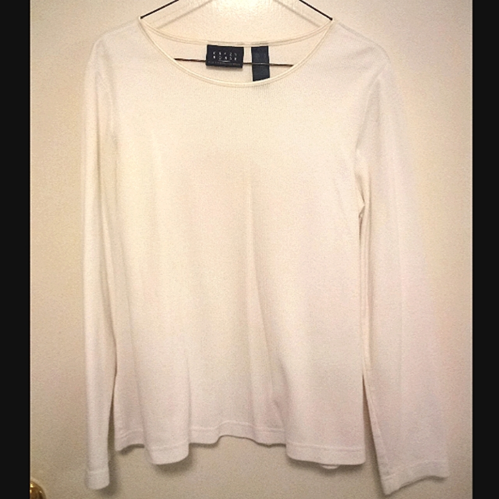 White Ribbed Pullover Top w/ Satin-banded neck, Long Sleeve